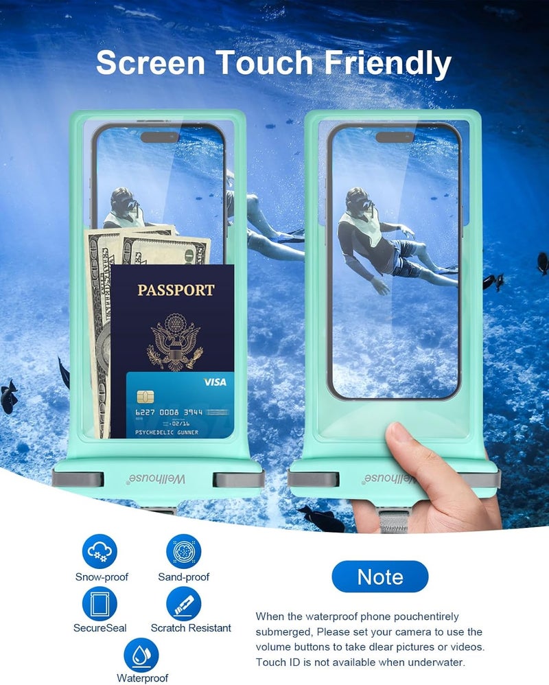 Wellhouse Waterproof Phone Pouch, Waterproof Phone Case for iPhone 16 15 14 13 12 Pro Max XS Samsung, IPX8 3D Cellphone Dry Bag Beach Essentials (1 Pack - Crystal Green8.0, 8 inch) - Image 3